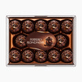 A 14-pack of Ferrero Rondnoir pralines in a clear plastic gift box with a brown cardboard insert and a central oval label reading 'FERRERO RONDNOIR'.