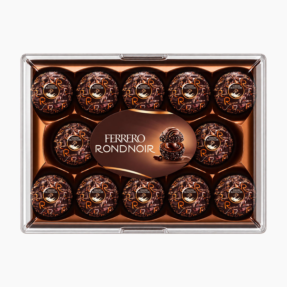 A 14-pack of Ferrero Rondnoir pralines in a clear plastic gift box with a brown cardboard insert and a central oval label reading 'FERRERO RONDNOIR'.