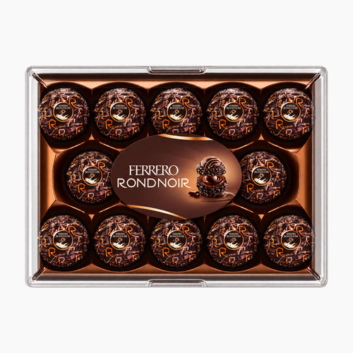 A 14-pack of Ferrero Rondnoir pralines in a clear plastic gift box with a brown cardboard insert and a central oval label reading 'FERRERO RONDNOIR'.