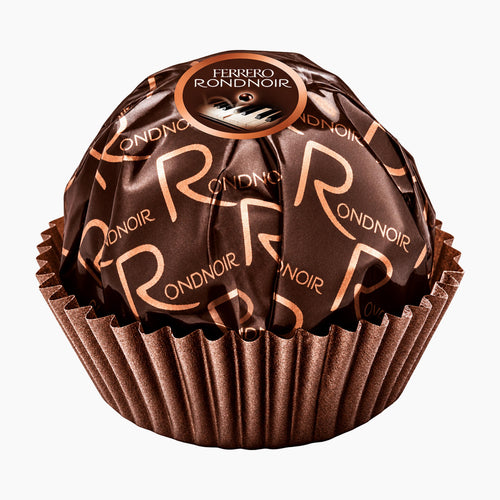 A single Ferrero Rondnoir chocolate praline in its signature foil wrapper, featuring a metallic brown design with rose gold 'RONDNOIR' lettering and a pleated brown paper base, isolated on a white background.