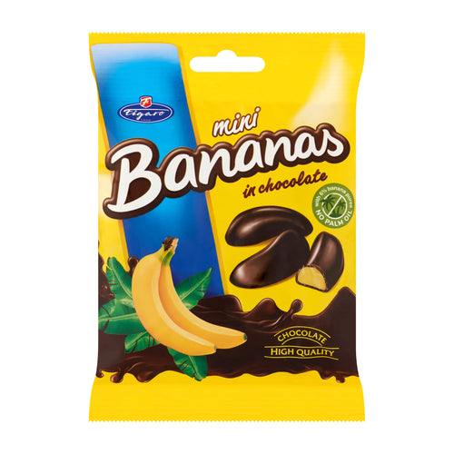 Packaging of Figaro mini bananas in chocolate with a yellow background