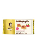 Packaging of Matilde Vicenzi Millefoglie raspberry filled puff pastry, showing the product name, weight, and an image of the pastry with raspberries.