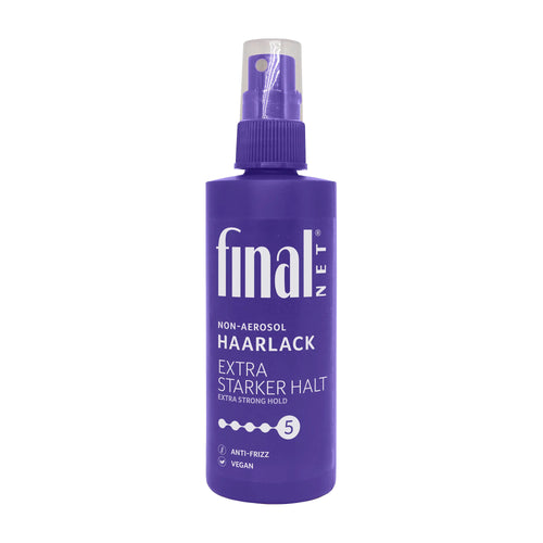 Purple bottle of final NET Extra Strong Hold Hair spray on a white background