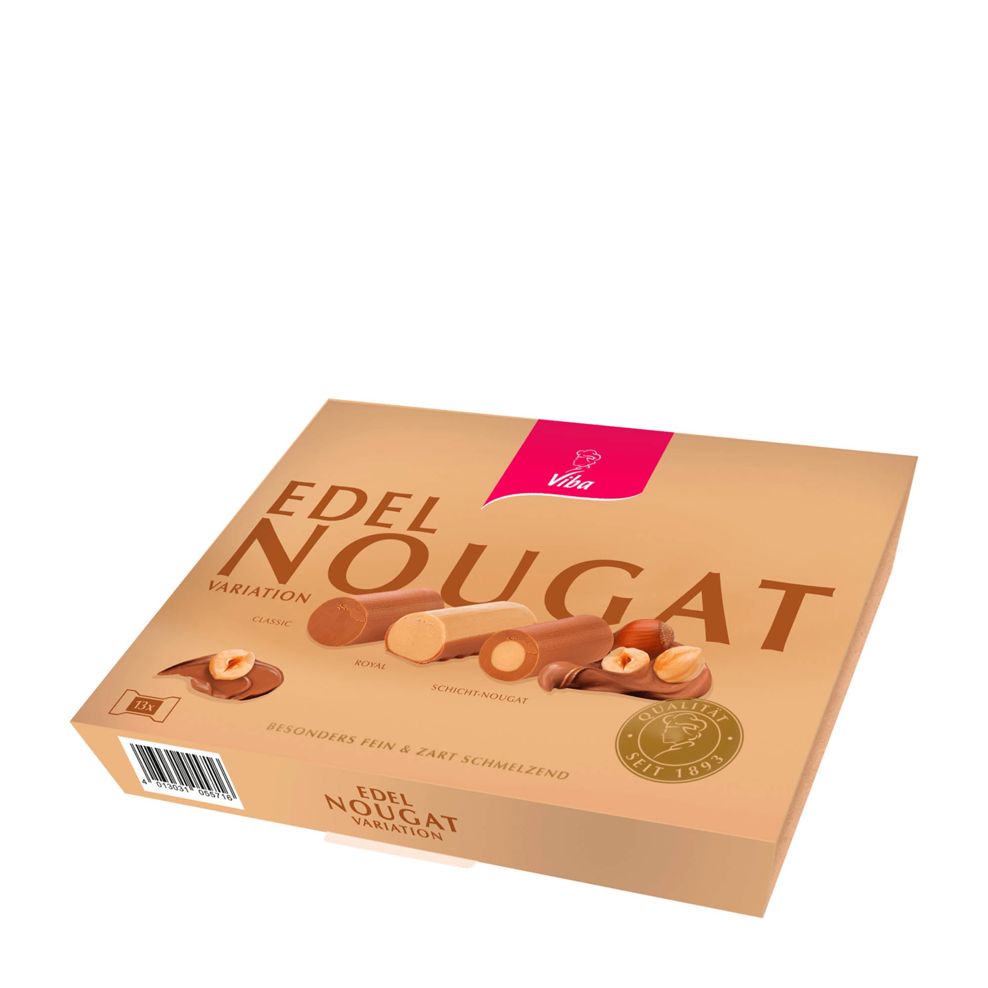 A gift box of Viba Fine Nougat Assortment with images of the nougat sticks on the box, indicating three different flavors: aromatic hazelnut, light with milk chocolate, and layered with light and dark nougat.