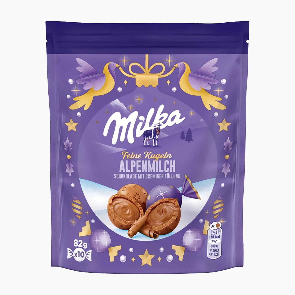 A purple stand-up pouch of Milka Feine Kugeln Fine Pralines Alpine Milk chocolate balls, featuring gold and purple decorative graphics and an illustration of two chocolate praline balls on a white background.
