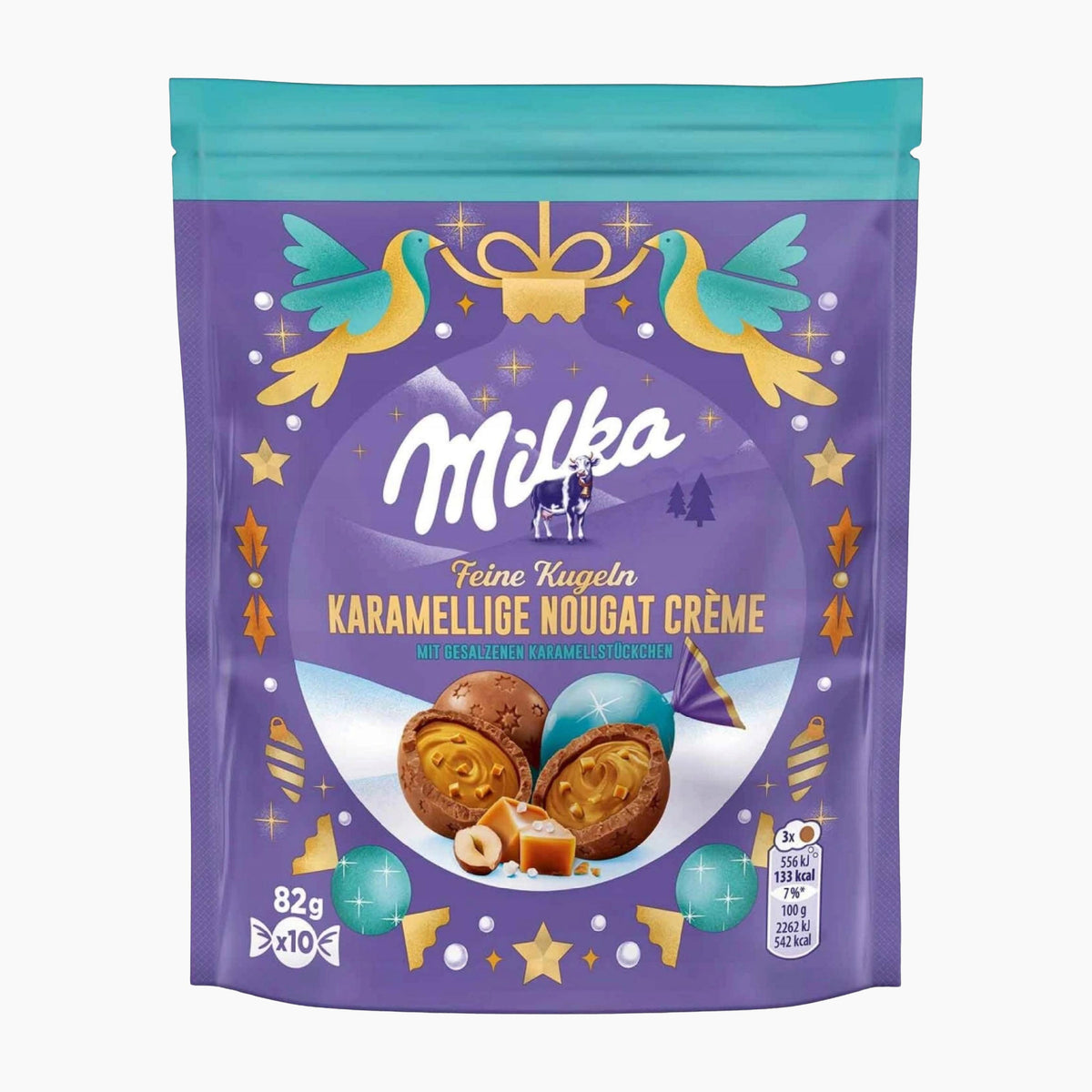 A 82g bag of Milka Fine Pralines Caramel Nougat Cream on a light gray background.