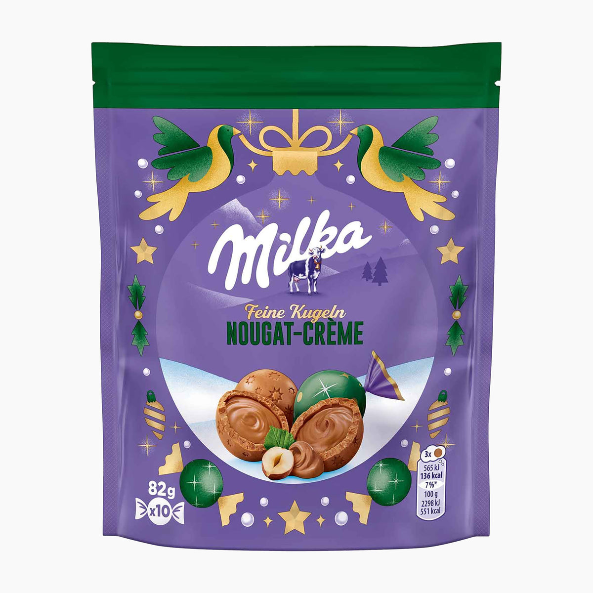 A stand-up pouch of Milka Feine Kugeln Fine Pralines Nougat Cream chocolate, featuring a purple background with a green top band, decorative birds, stars, and illustrations of the chocolate pieces inside.