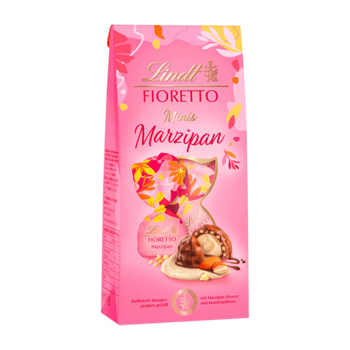Pink packaging of Lindt Fioretto Marzipan Minis on a white background