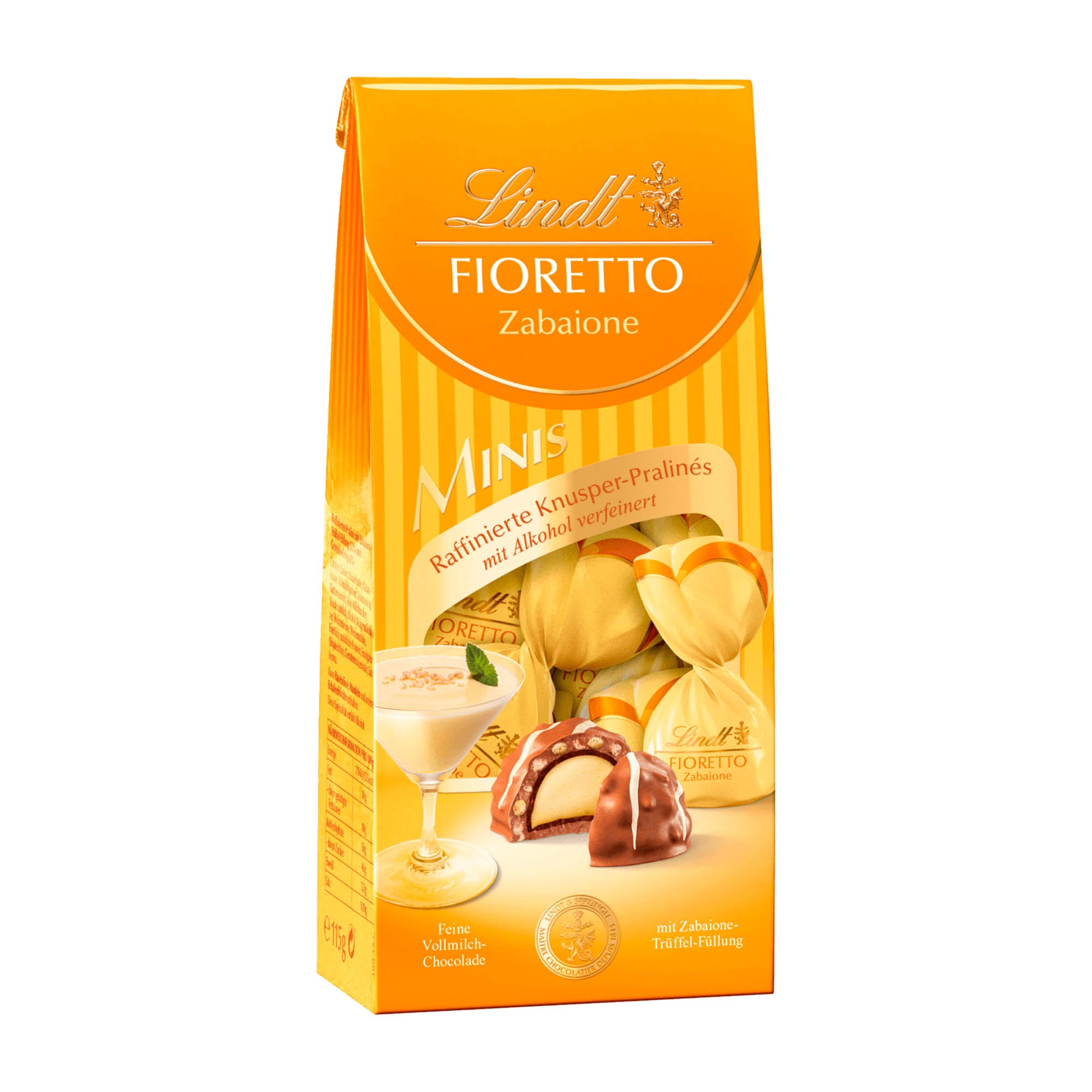Packaging of Lindt Fioretto Minis Milk Chocolate Bites, featuring the product name, image of the chocolate pieces, and a glass of Zabaione.