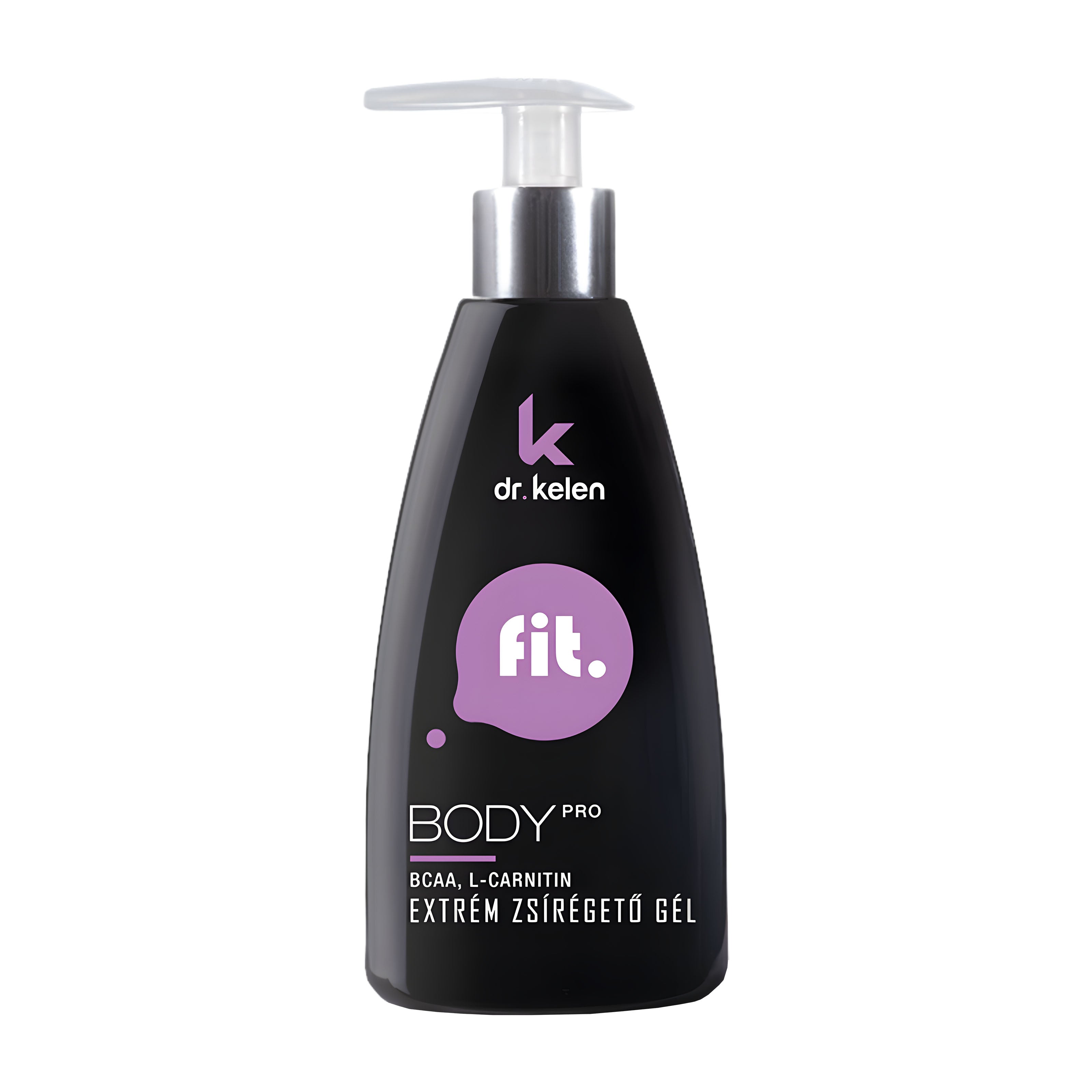 Black bottle with pump labeled 'dr. kelen fit' on a white background