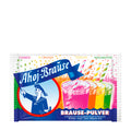 Packaging of Ahoj-Brause fizzy drink powder featuring an image of a woman pouring a fizzy drink, with colorful graphics of the drinks and the text 'Brause-Pulver' prominently displayed.