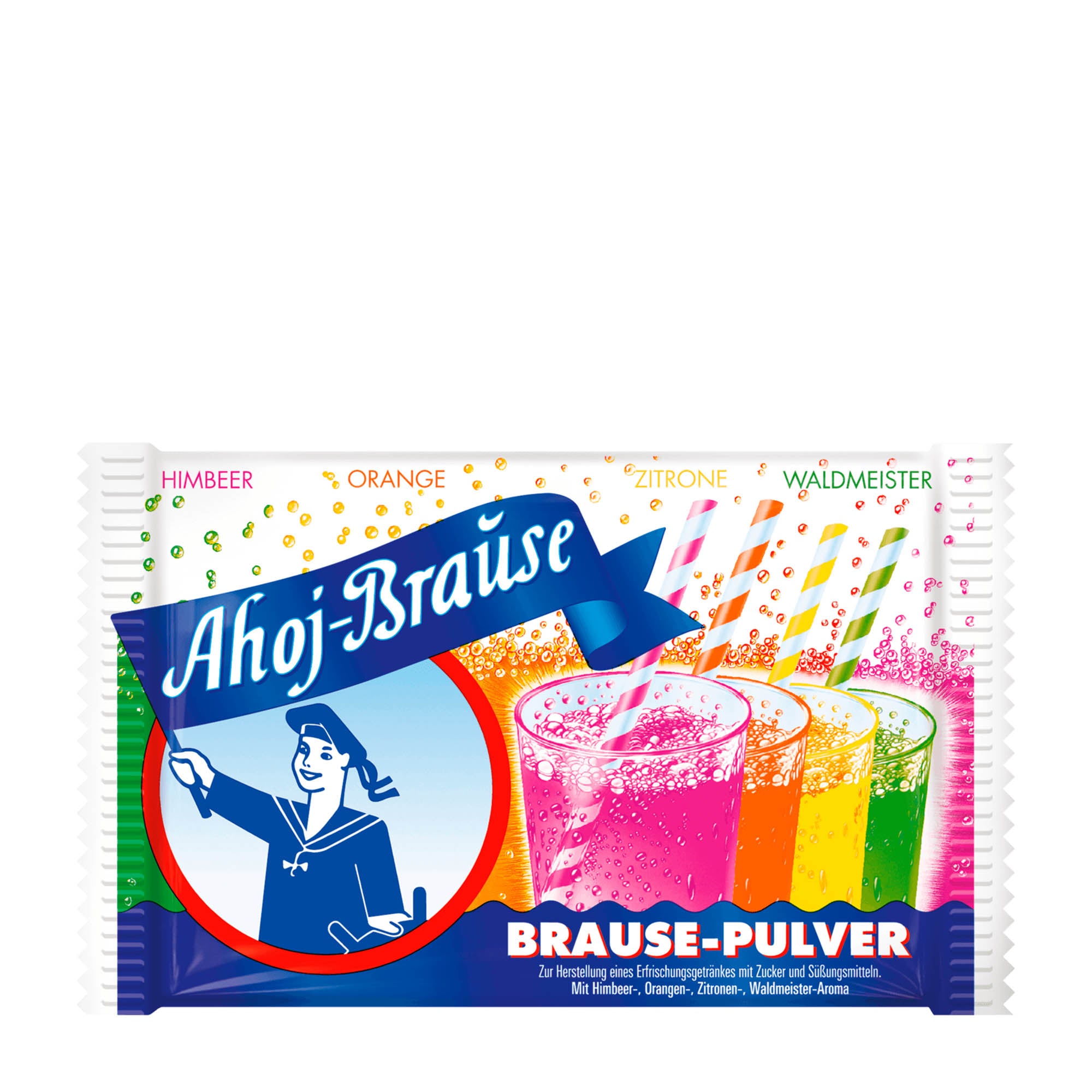 Packaging of Ahoj-Brause fizzy drink powder featuring an image of a woman pouring a fizzy drink, with colorful graphics of the drinks and the text 'Brause-Pulver' prominently displayed.