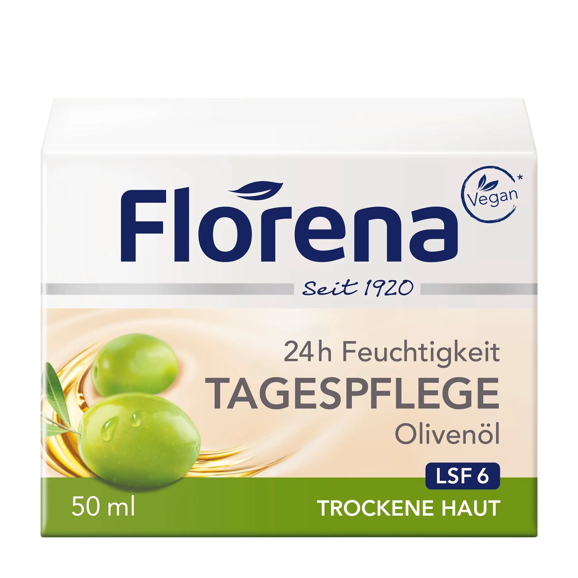 Florena olive oil day care product packaging with olive graphics on a white background