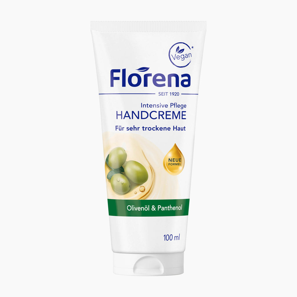 A 100 ml squeeze tube of Florena Intensive Care Hand Cream, featuring a white background with blue branding, green olives, and a green band indicating 'Olive oil & Panthenol'.