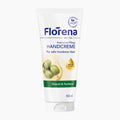 A 100 ml squeeze tube of Florena Intensive Care Hand Cream, featuring a white background with blue branding, green olives, and a green band indicating 'Olive oil & Panthenol'.