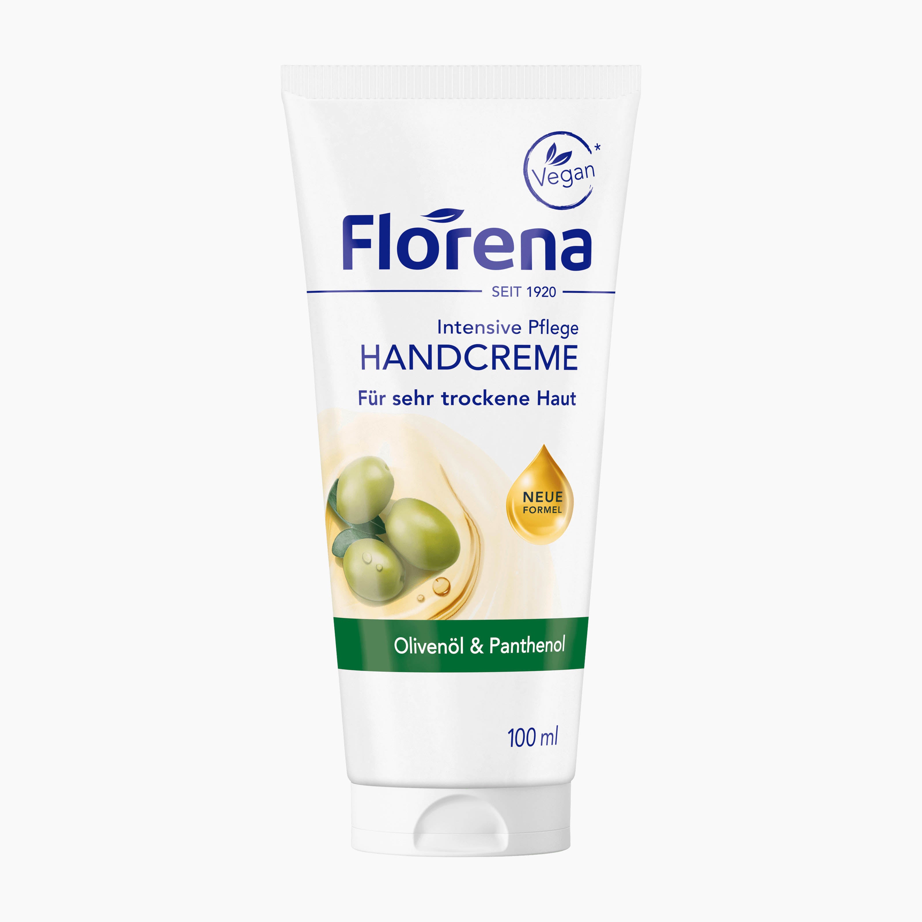 A 100 ml squeeze tube of Florena Intensive Care Hand Cream, featuring a white background with blue branding, green olives, and a green band indicating 'Olive oil & Panthenol'.