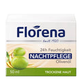 Florena olive oil night care packaging with olive graphics on a white background