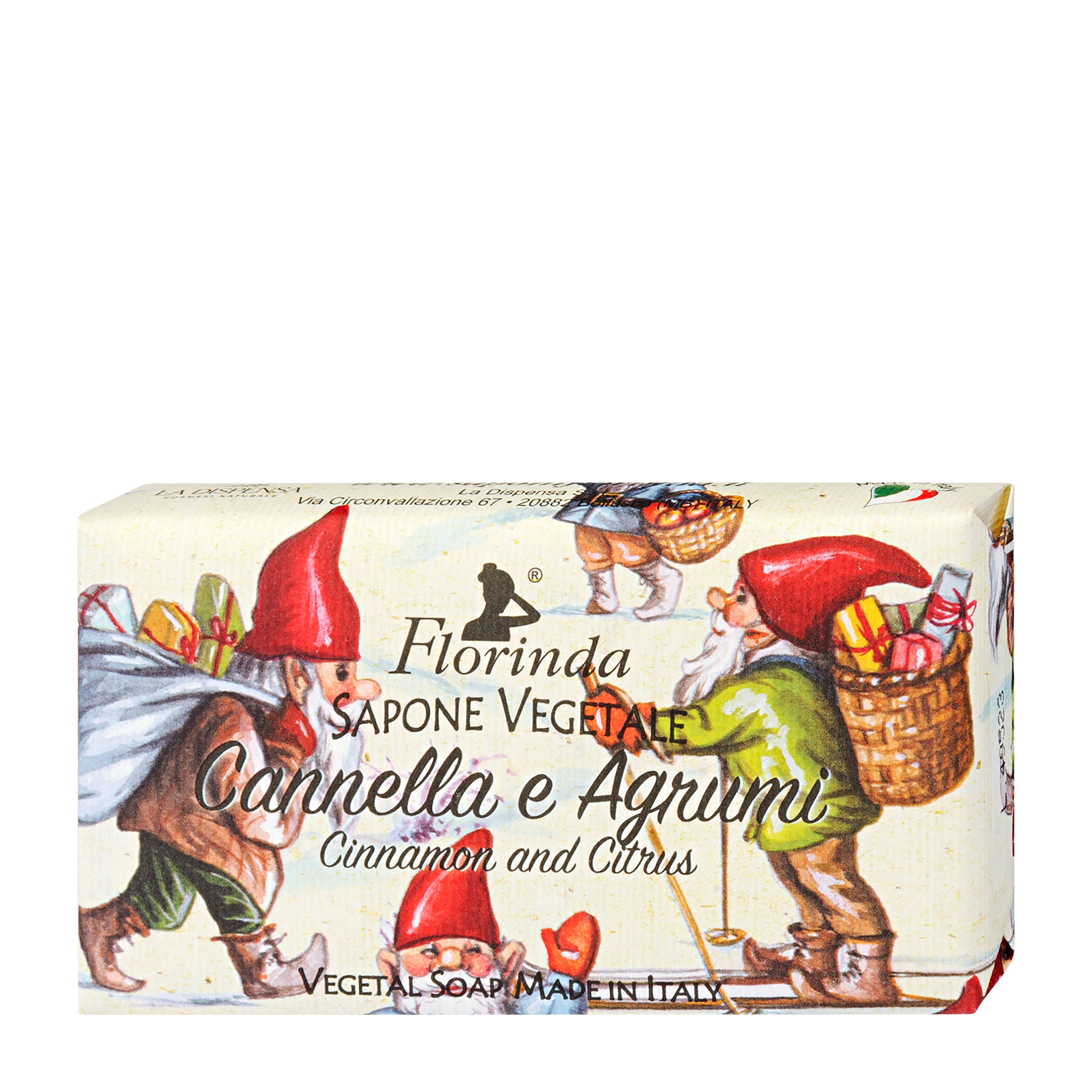 Bar of soap with gnome design and 'Florinda' branding on a white background