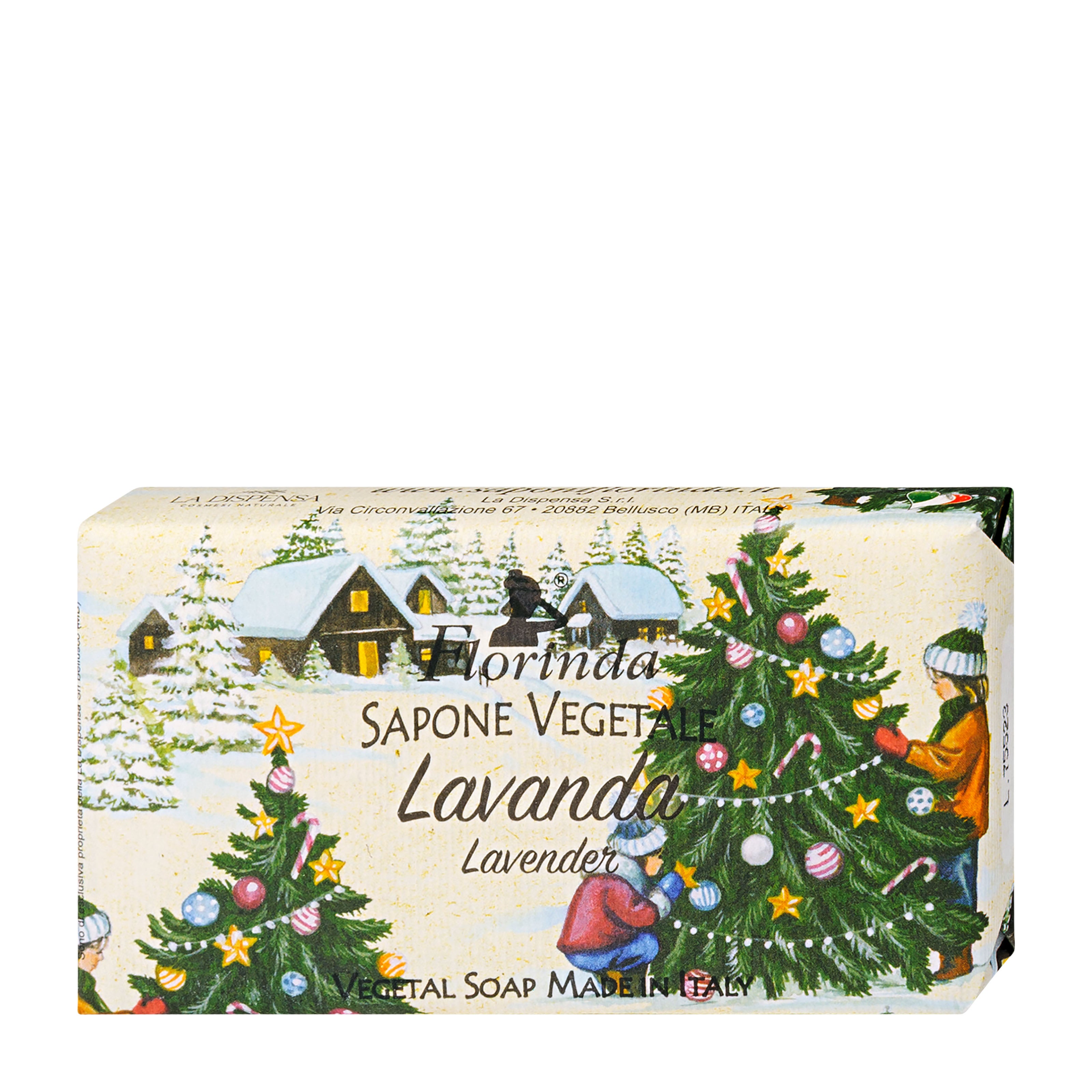 Bar of soap with Christmas-themed packaging featuring trees and people, labeled 'Florinda Sapone Vegetale Lavanda'.