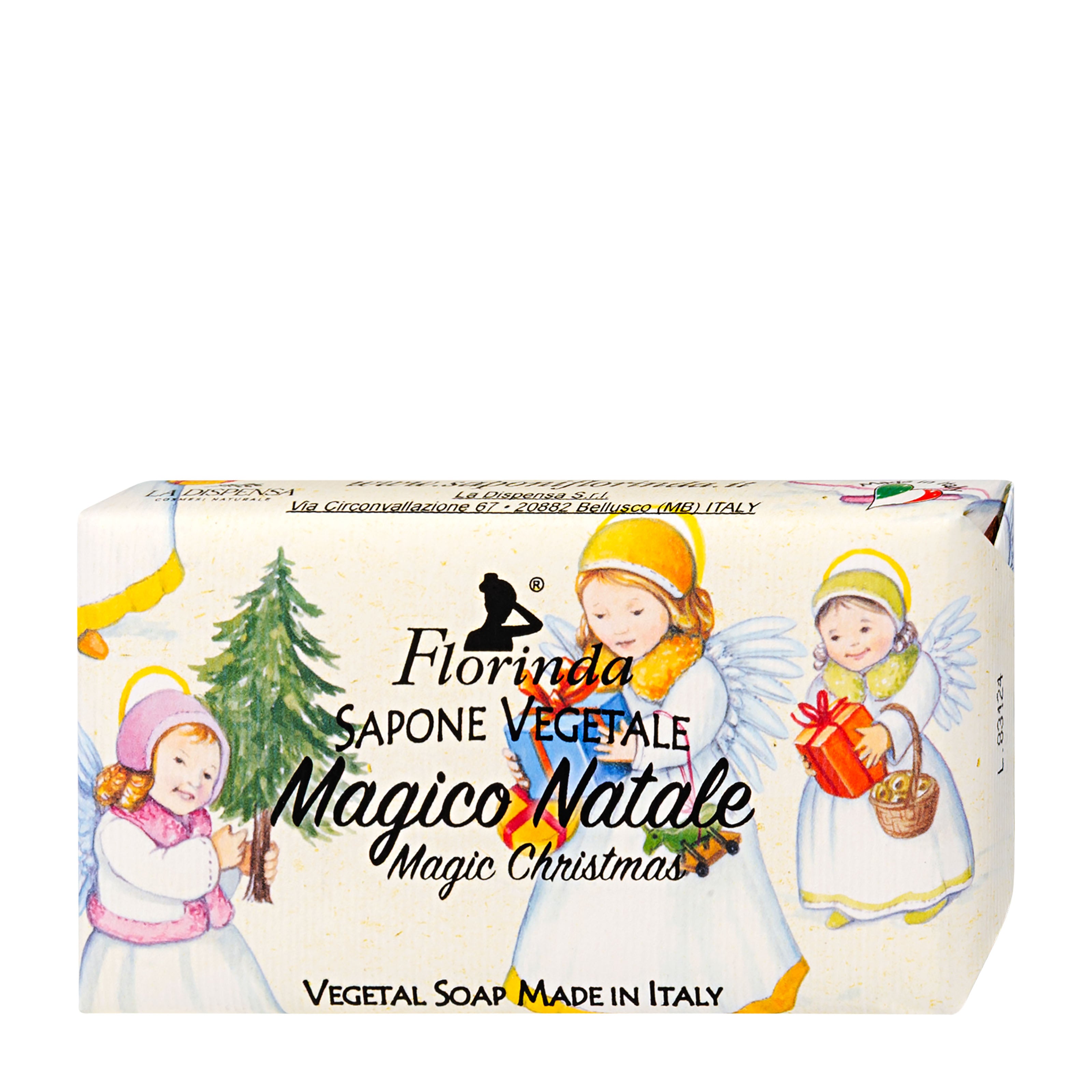 Florinda Sapone Vegetale Magic Christmas soap bar packaging with Christmas-themed design on a white background.