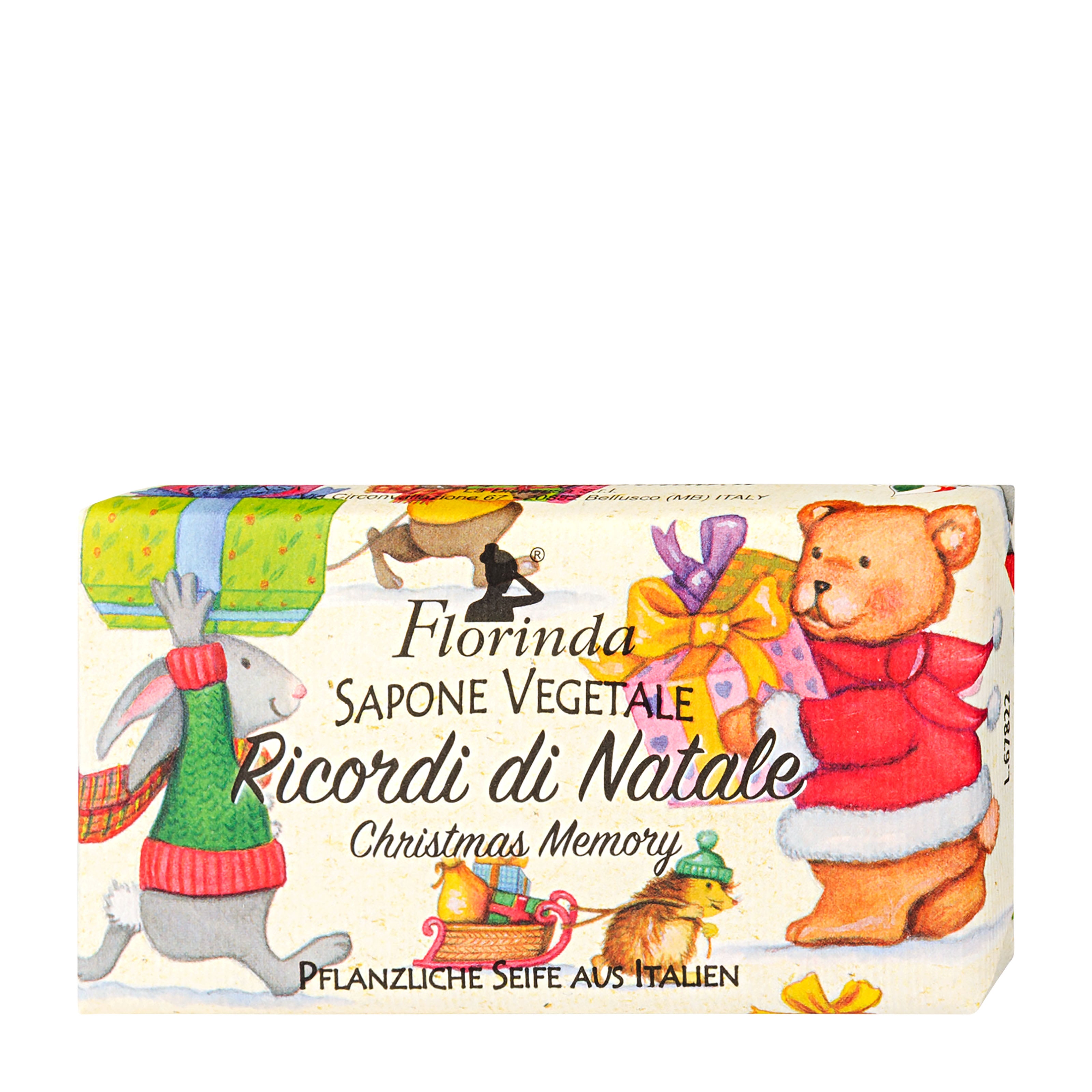 Bar of soap with festive design featuring animals and text on a white background