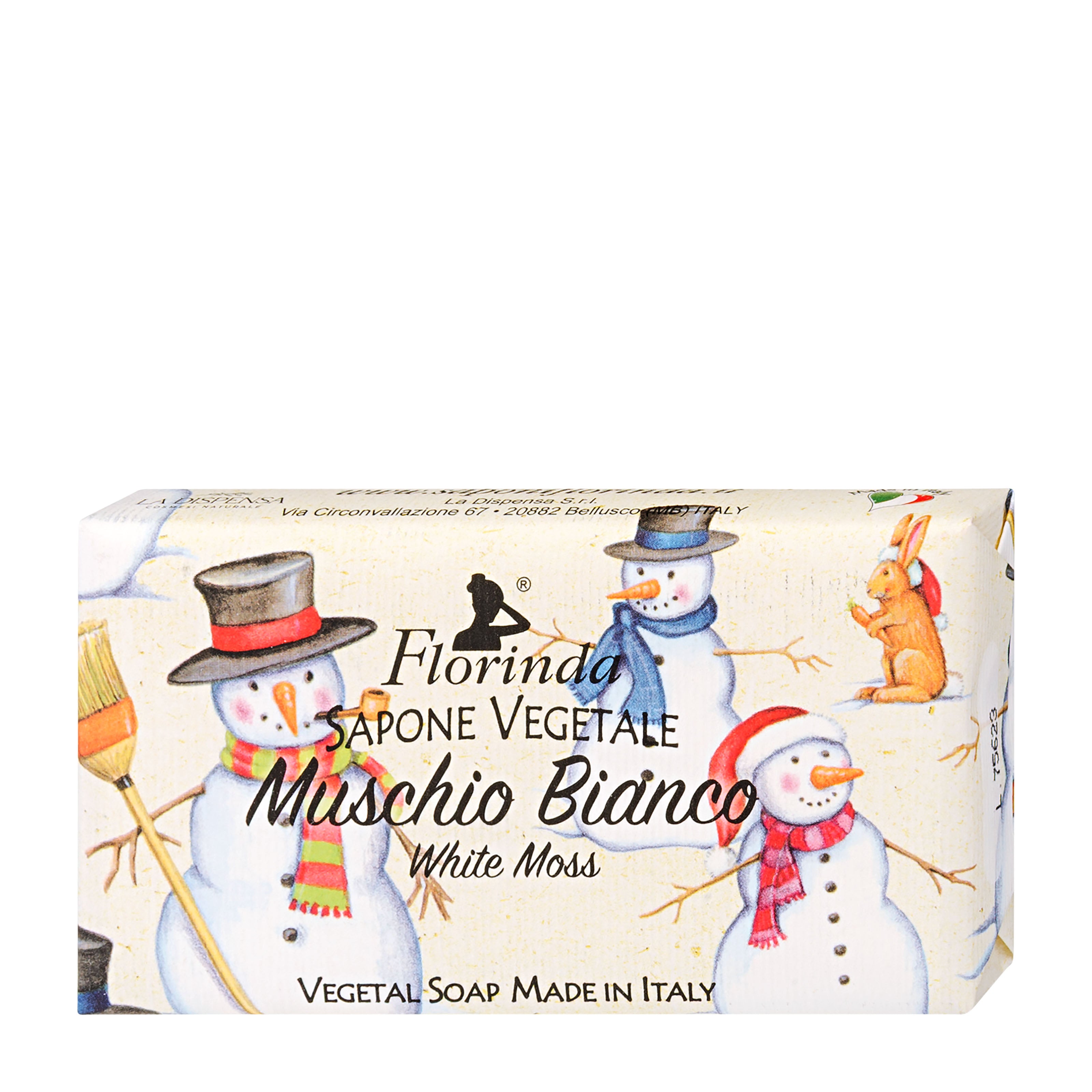 Box of Florinda Sapone Vegetale White Moss soap with snowmen and a rabbit design on a white background.