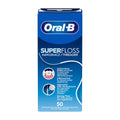 Packaging of Oral-B Superfloss Threader with 50 pre-cut floss strands. The box is blue with images demonstrating the use of the floss strands around braces and bridges.