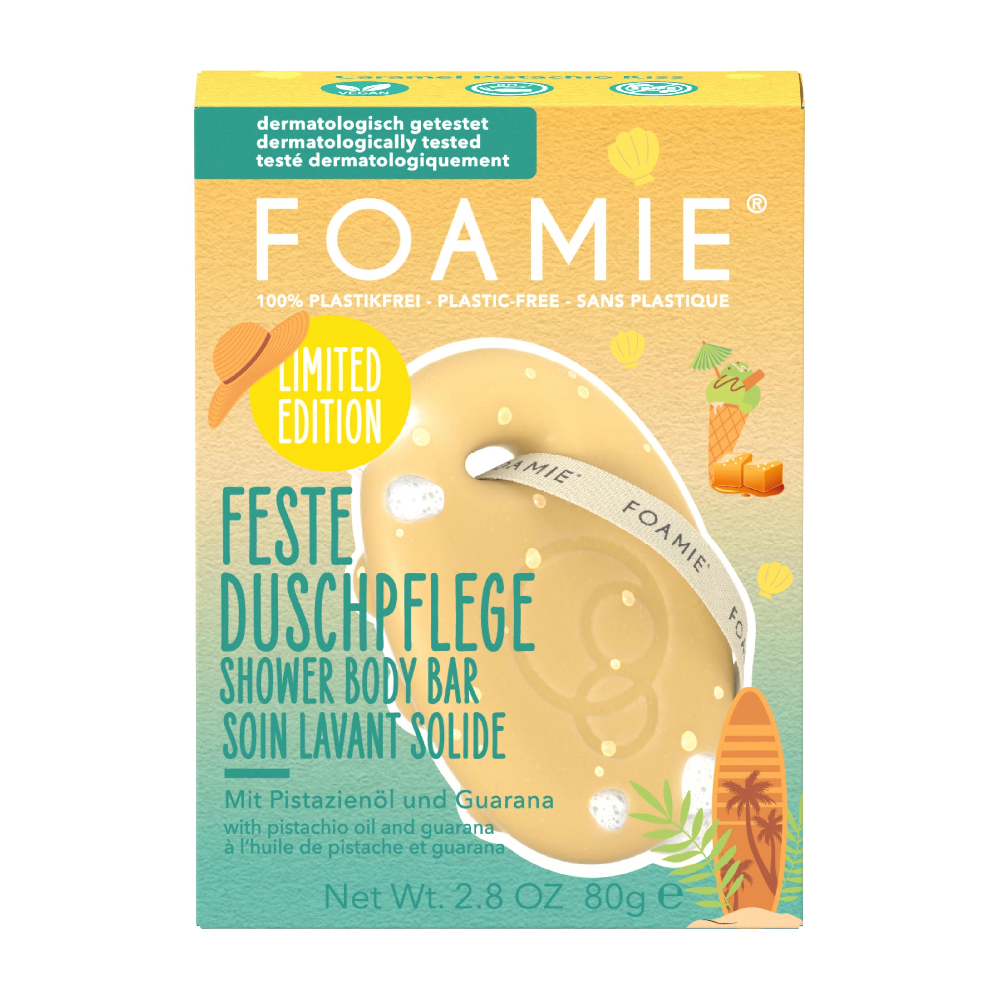 Foamie Caramel Pistachio Kiss shower body bar packaging on a white background