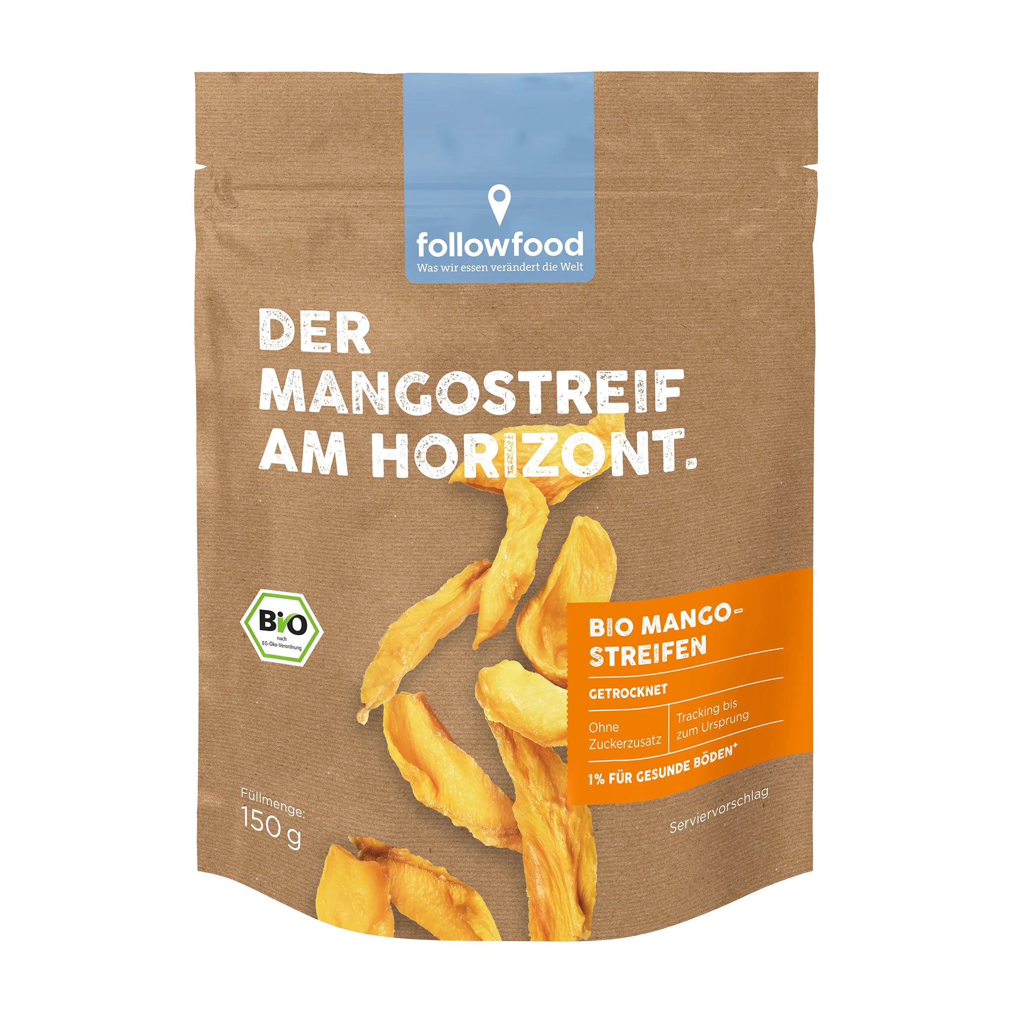 Packaging of mango strips with 'followfood' branding on a white background