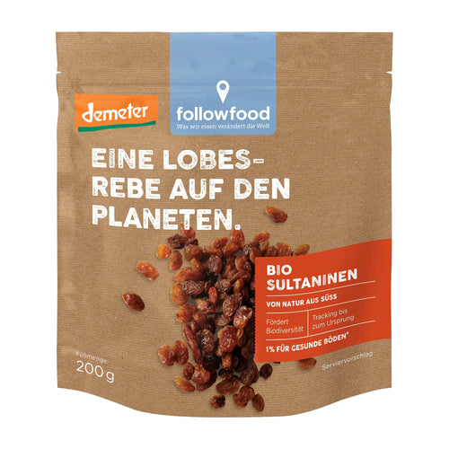 Package of Organic Sultanas with followfood logo on a white background
