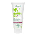 A tube of alkmene Tea Tree Oil Moisturizing Foot Cream with green and white labeling.