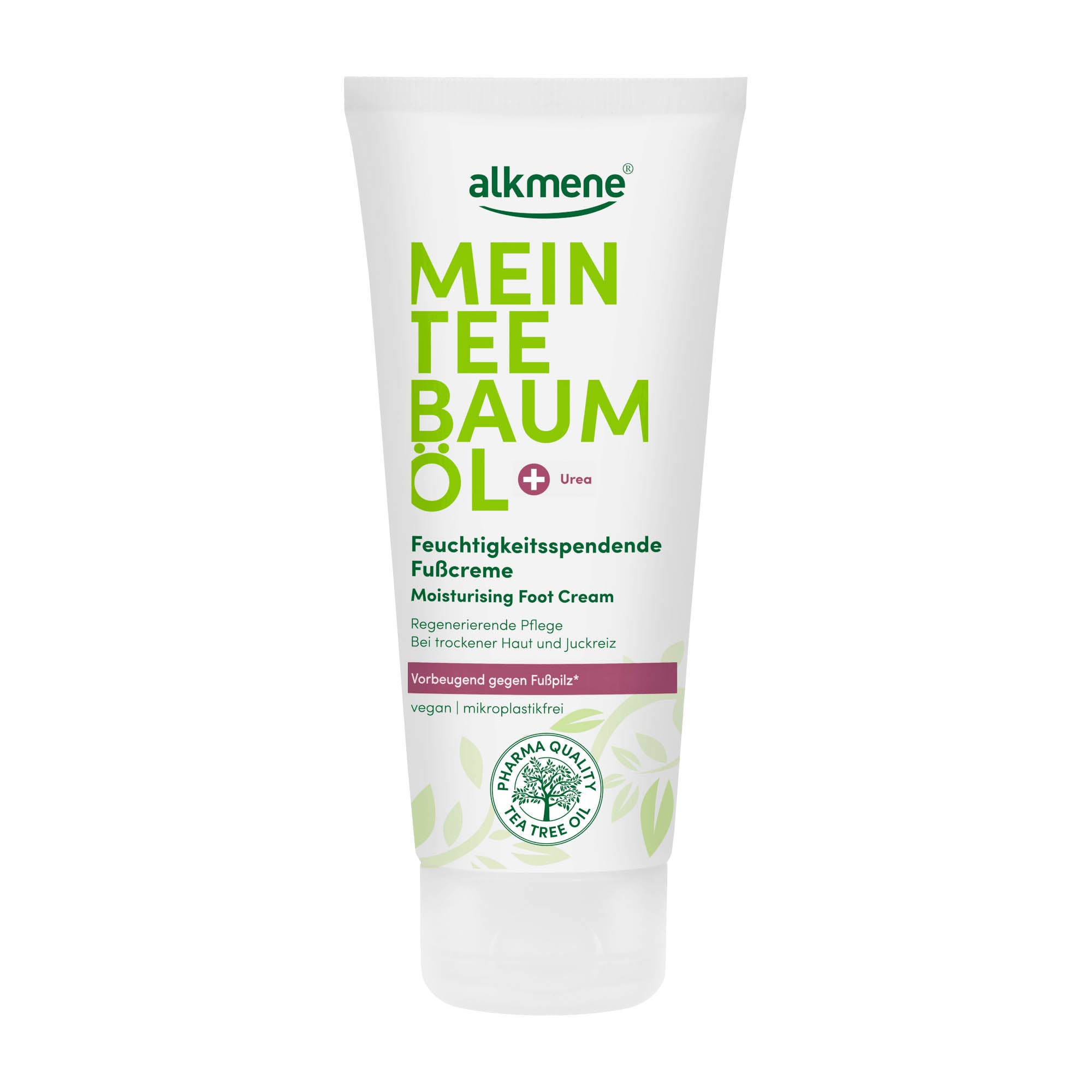 A tube of alkmene Tea Tree Oil Moisturizing Foot Cream with green and white labeling.