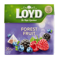 Packaging for LOYD Forest Fruit fruit tea with images of raspberries, blackberries, and blueberries, and a box shape indicating 20 floral tea bags.