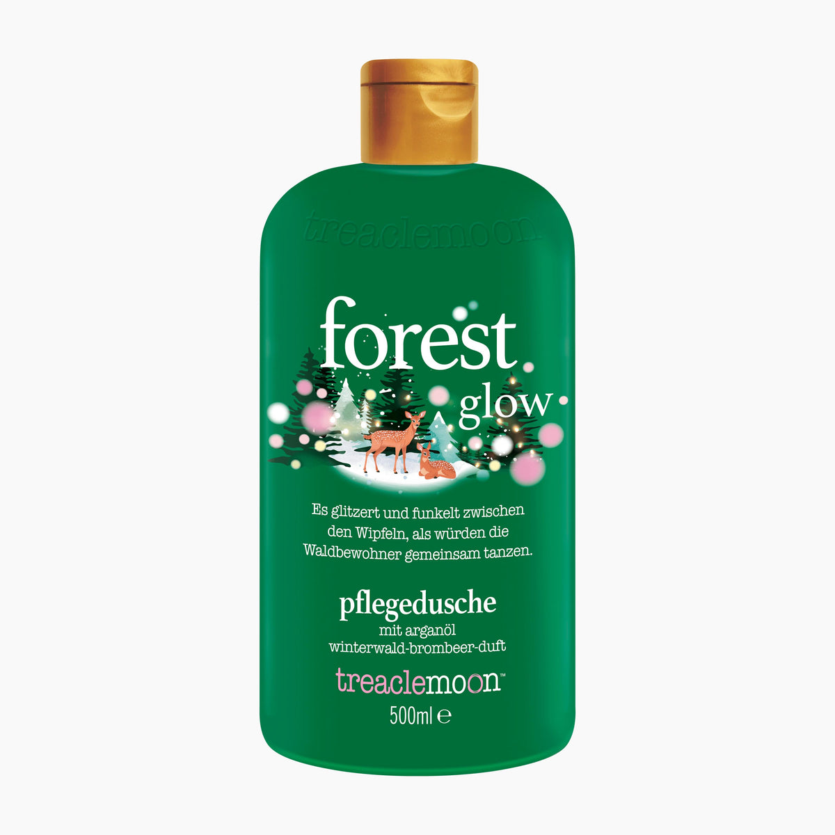 Treacle Moon Forest Glow shower gel in a 500ml green bottle with a gold cap, featuring a festive Christmas tree and deer illustration on the label.
