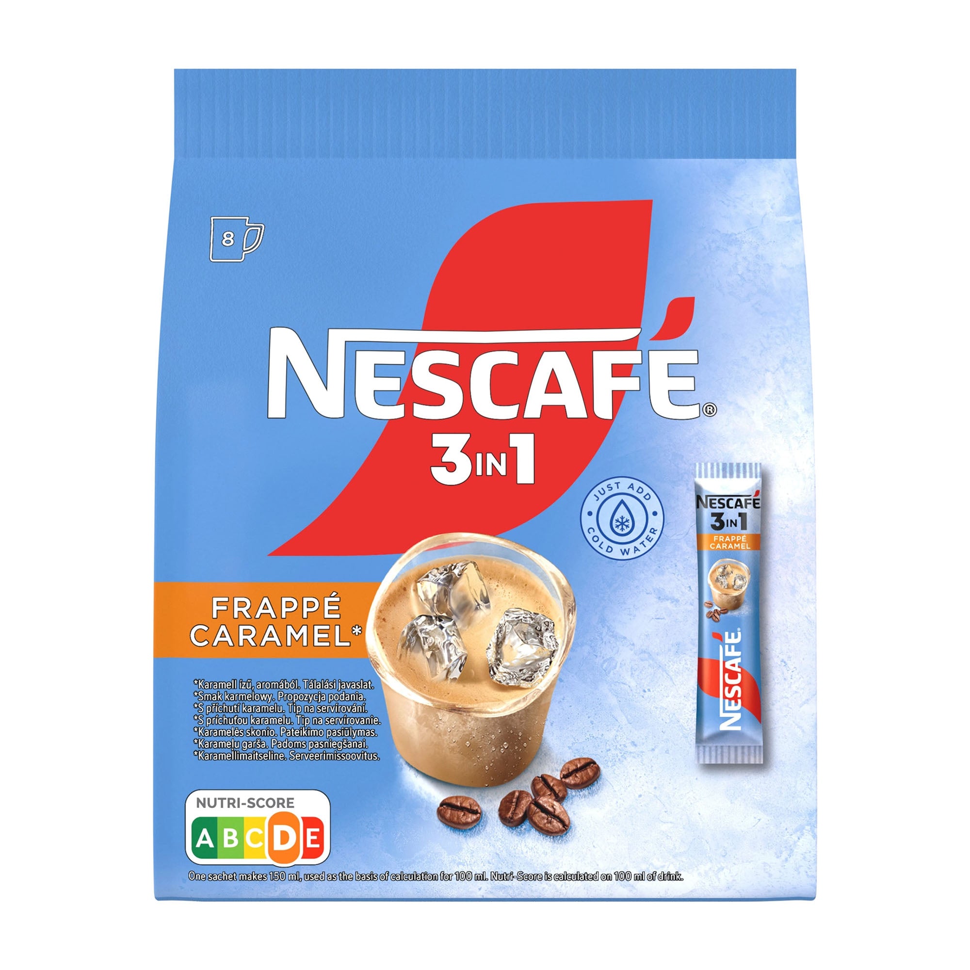 Nescafe 3in1 Frappe Caramel packaging with a blue background
