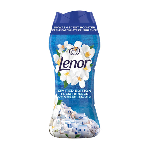 Lenor Fresh Breeze of Greek Island in-wash scent booster packaging with floral design and text on a white background