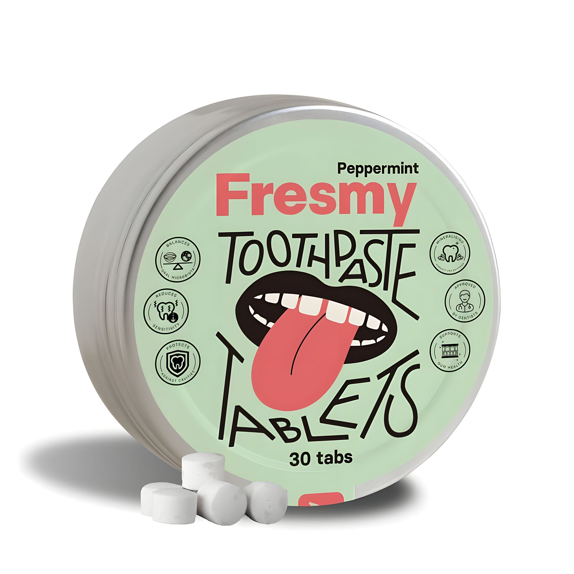 Fresmy toothpaste tablets packaging with peppermint flavor on a white background