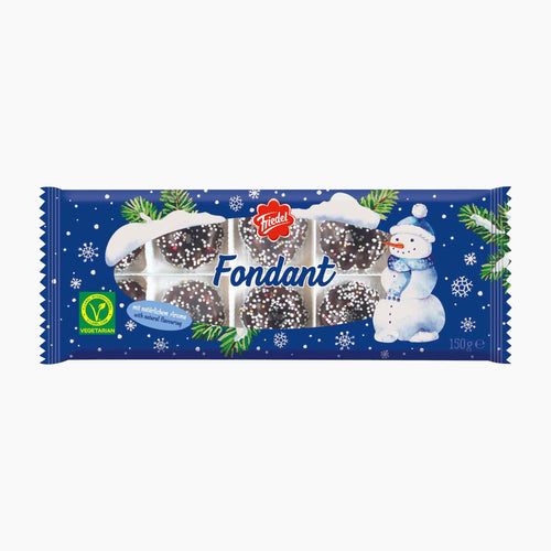 A package of Friedel Chocolate-Covered Fondant Rings in a blue holiday wrapper decorated with snowflakes, pine branches, a snowman, and the Friedel logo.