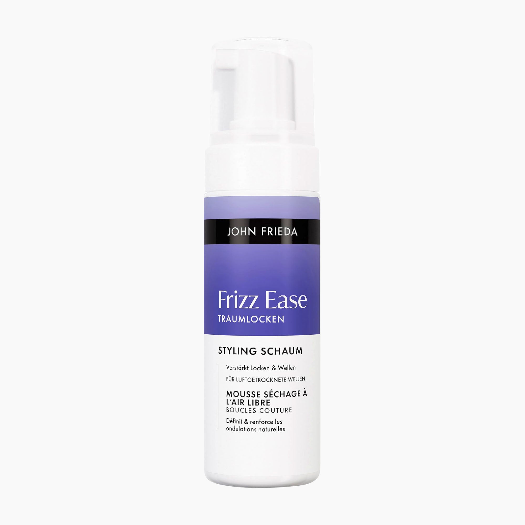 A white pump bottle of John Frieda Frizz Ease Dream Curls styling mousse with a purple and black label, centered on a plain white background.