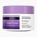 A white plastic jar of John Frieda Frizz Ease Miracle Repair hair mask with a lavender purple lid and matching purple label block, shown on a clean white background.