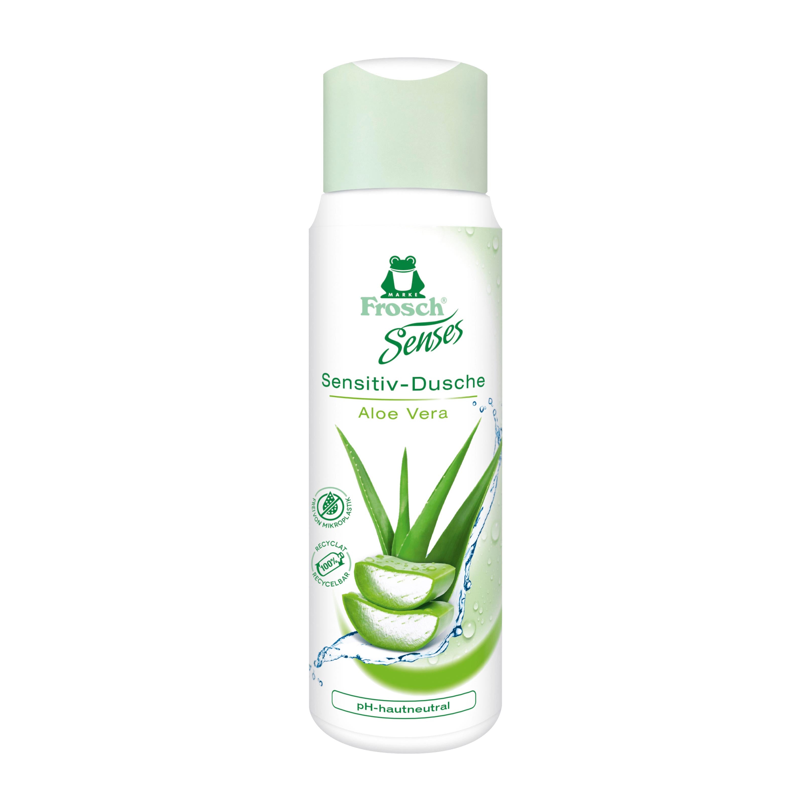 A bottle of Frosch Senses Sensitive Shower gel with Aloe Vera, featuring a white bottle with a pale green cap and aloe vera graphics on the label.