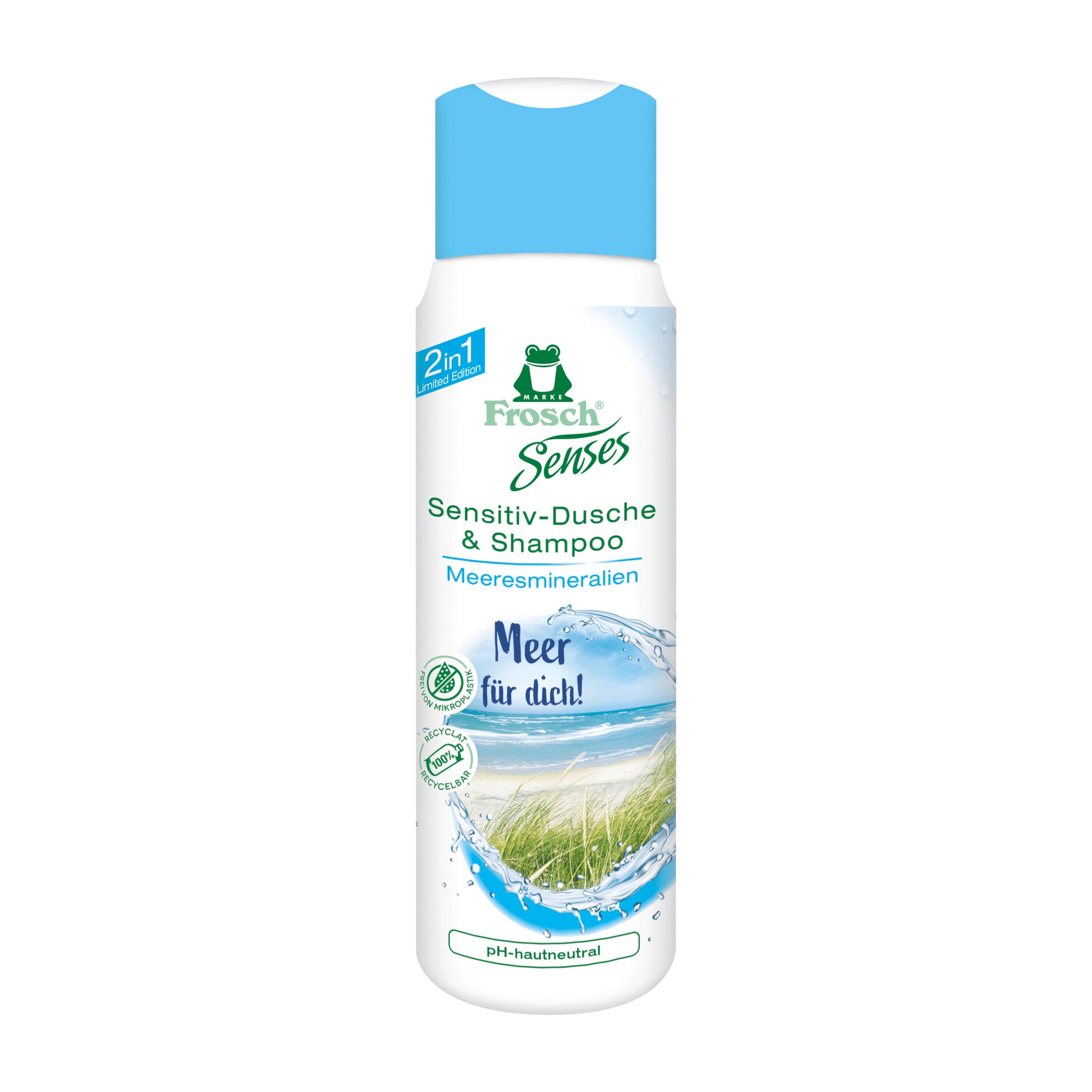 A bottle of Frosch Senses Sensitive Sea Minerals Shower Gel & Shampoo with a light blue cap and a white label featuring blue and green graphics of water and grass.
