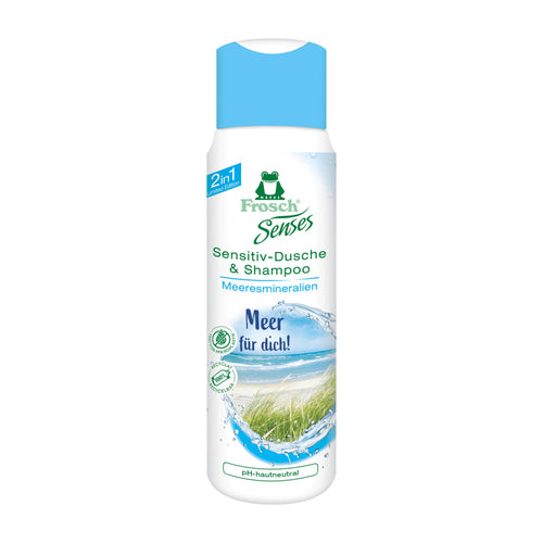 A bottle of Frosch Senses Sensitive Sea Minerals Shower Gel & Shampoo with a light blue cap and a white label featuring blue and green graphics of water and grass.
