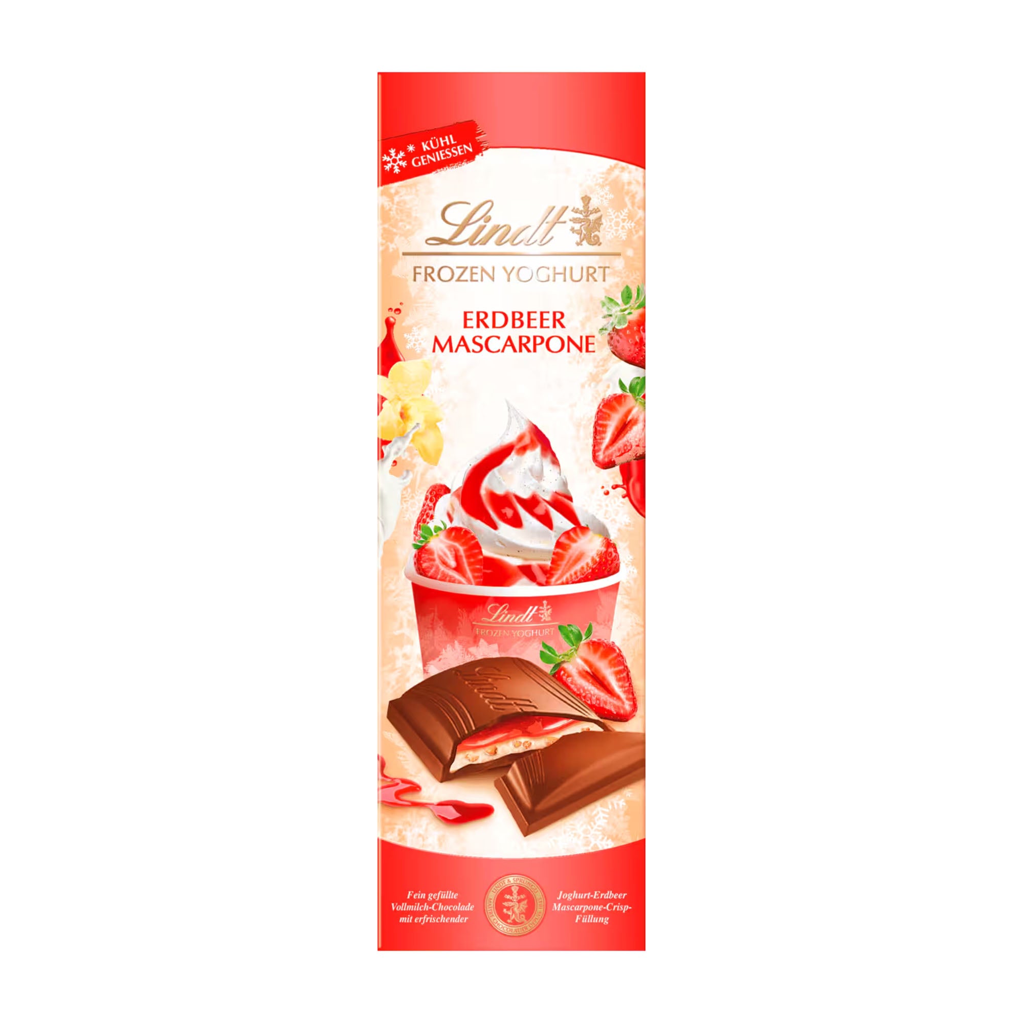 Lindt Frozen Yoghurt Strawberry Mascarpone milk chocolate bar packaging on a white background