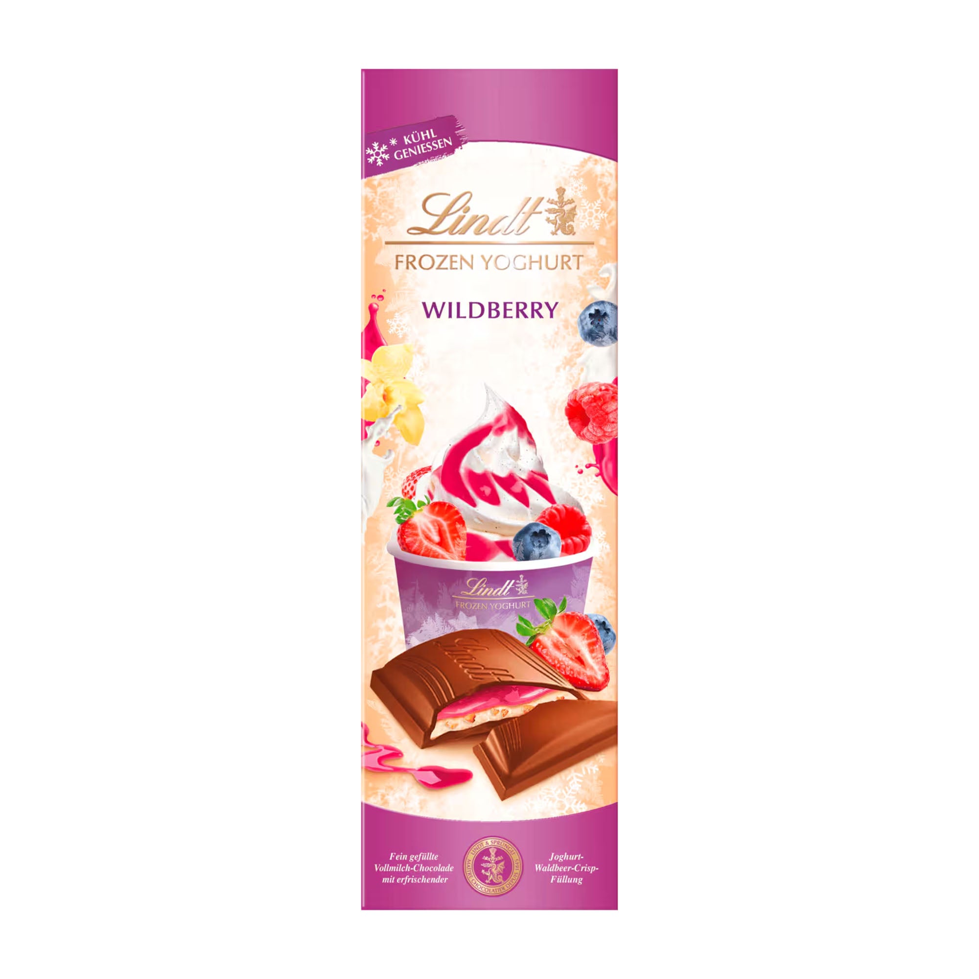 Lindt Frozen Yoghurt Wildberry milk chocolate bar packaging on a white background
