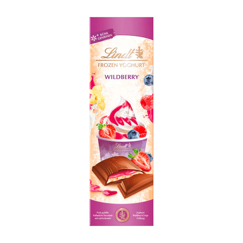 Lindt Frozen Yoghurt Wildberry milk chocolate bar packaging on a white background