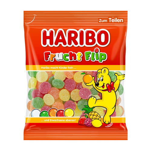 Haribo Frucht Flip gummy candy package with a cartoon character on a white background