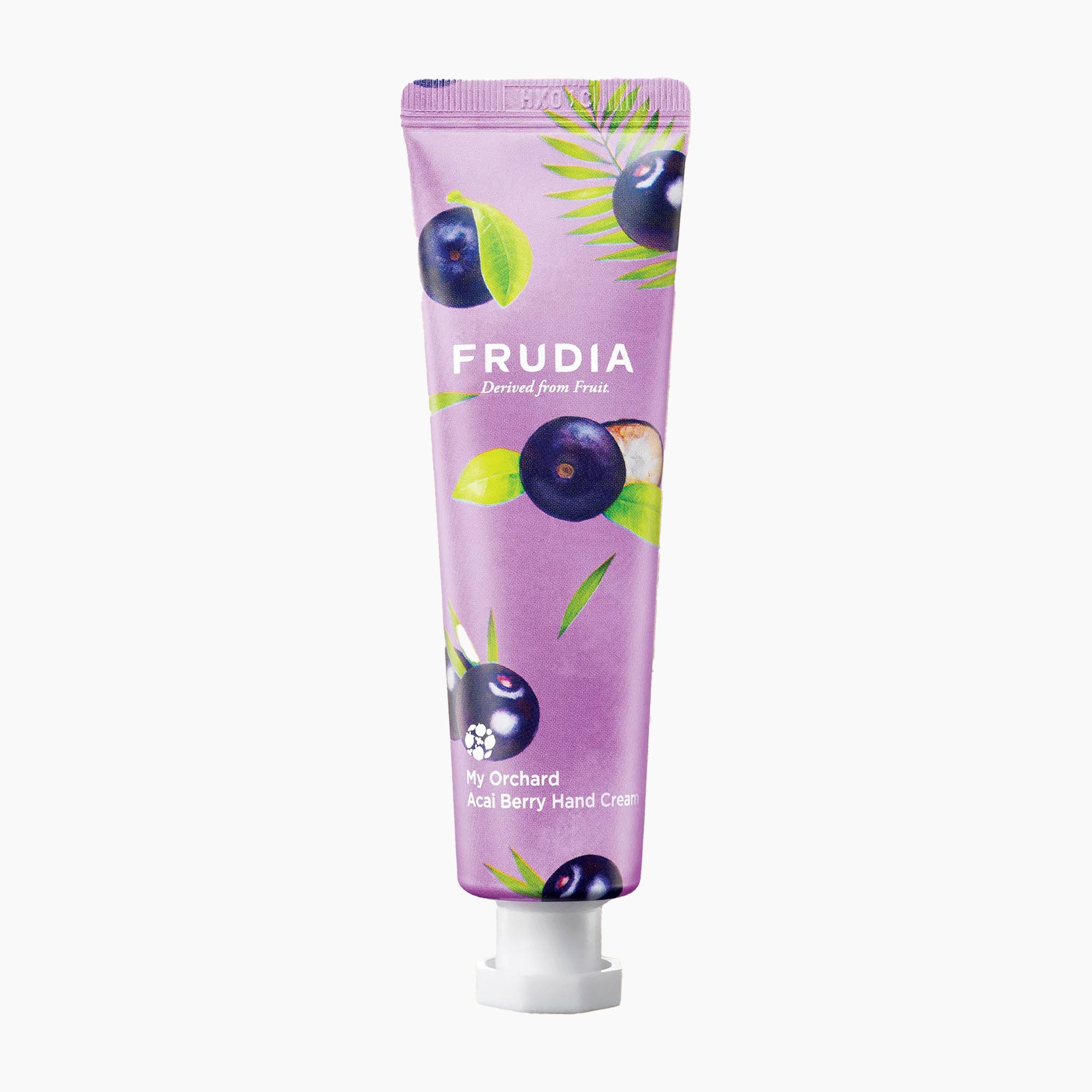 Frudia My Orchard Acai Berry Hand Cream tube on a light gray background.
