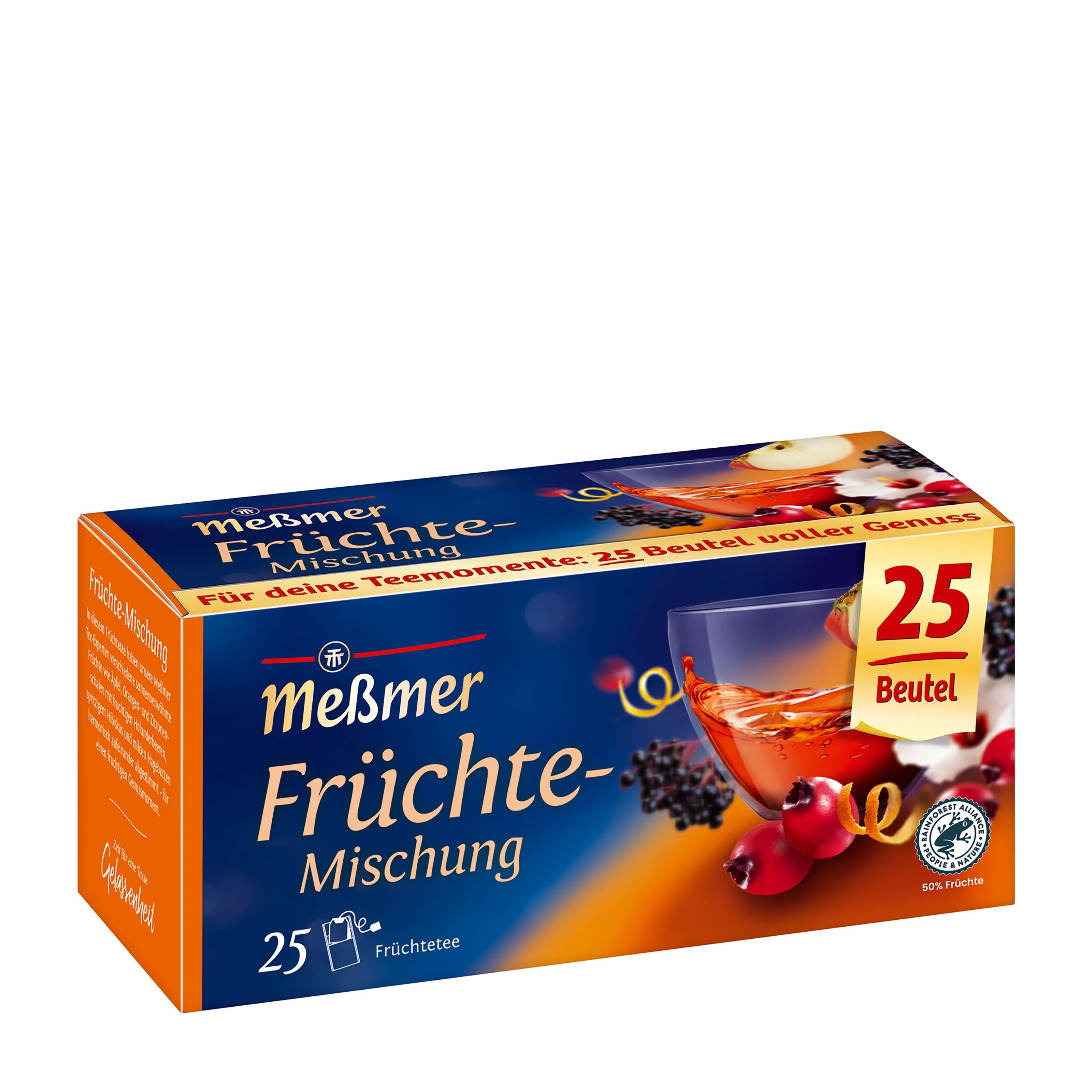 Messmer Fruit Blend fruit tea package with fruit illustration on a white background