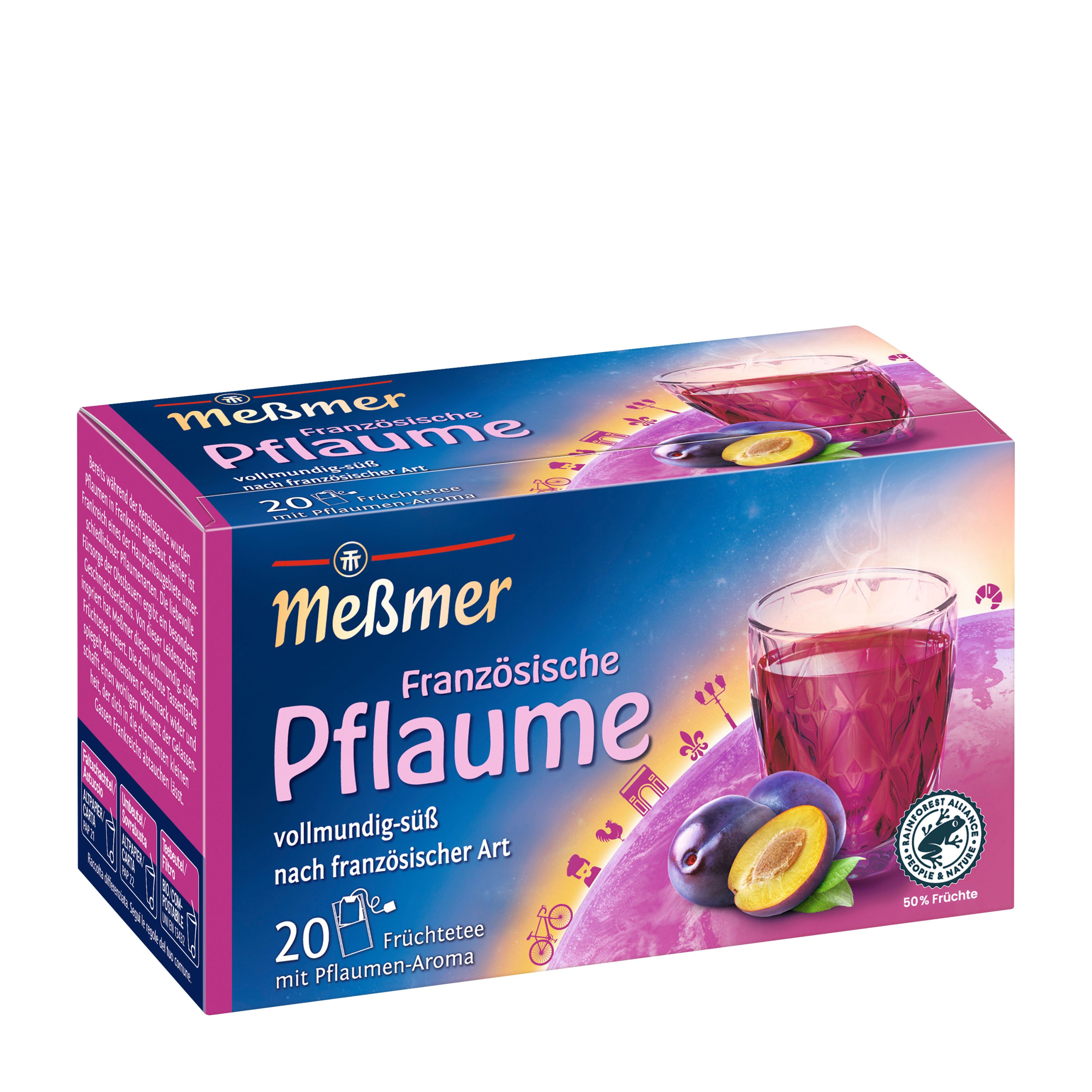 Messmer French Plum fruit tea box with plum illustration on a white background